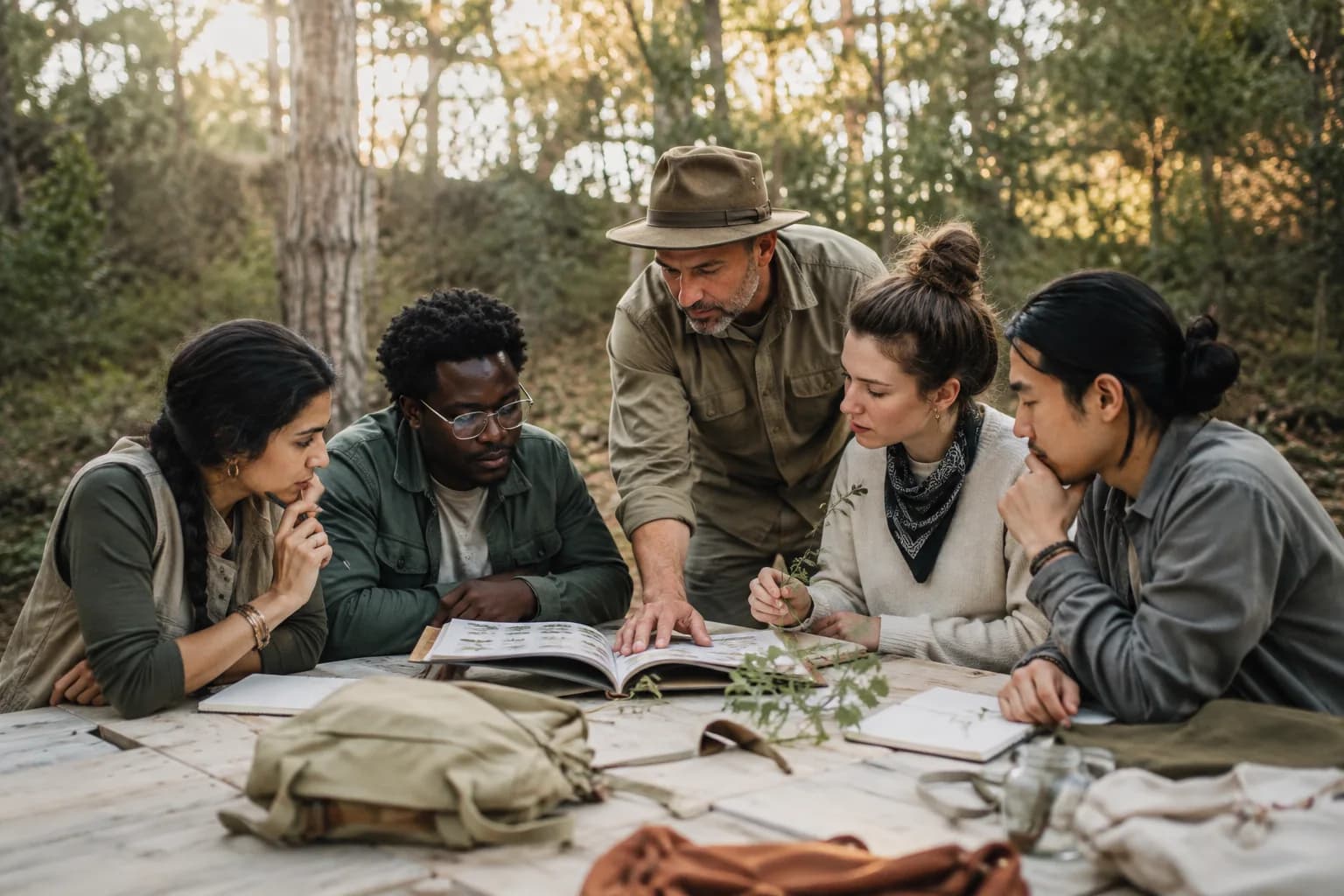 Adult learners from different backgrounds sharing a discovery around an outdoor table