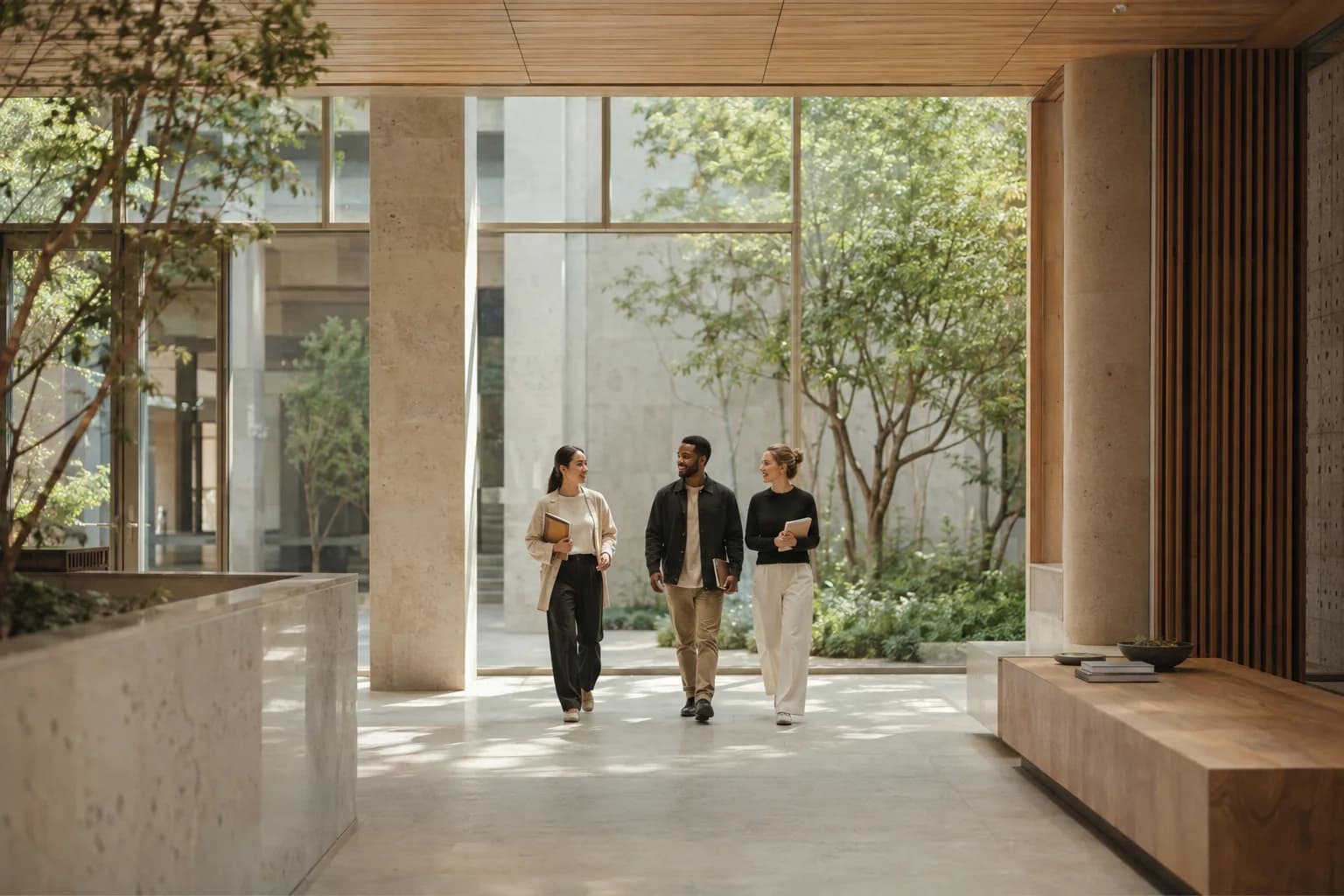 Adult learners walking together on campus