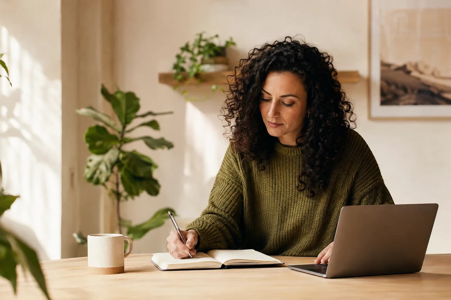 An adult taking notes beside a laptop in a light-filled workspace