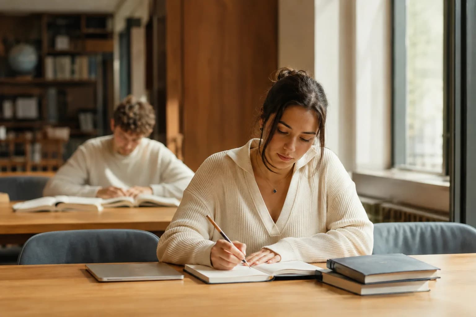 An adult learner concentrating on written practice in a quiet room