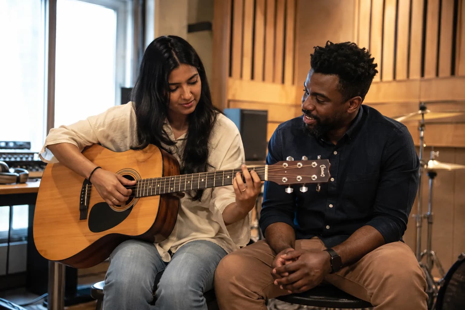 A guitar learner and teacher working on chords together