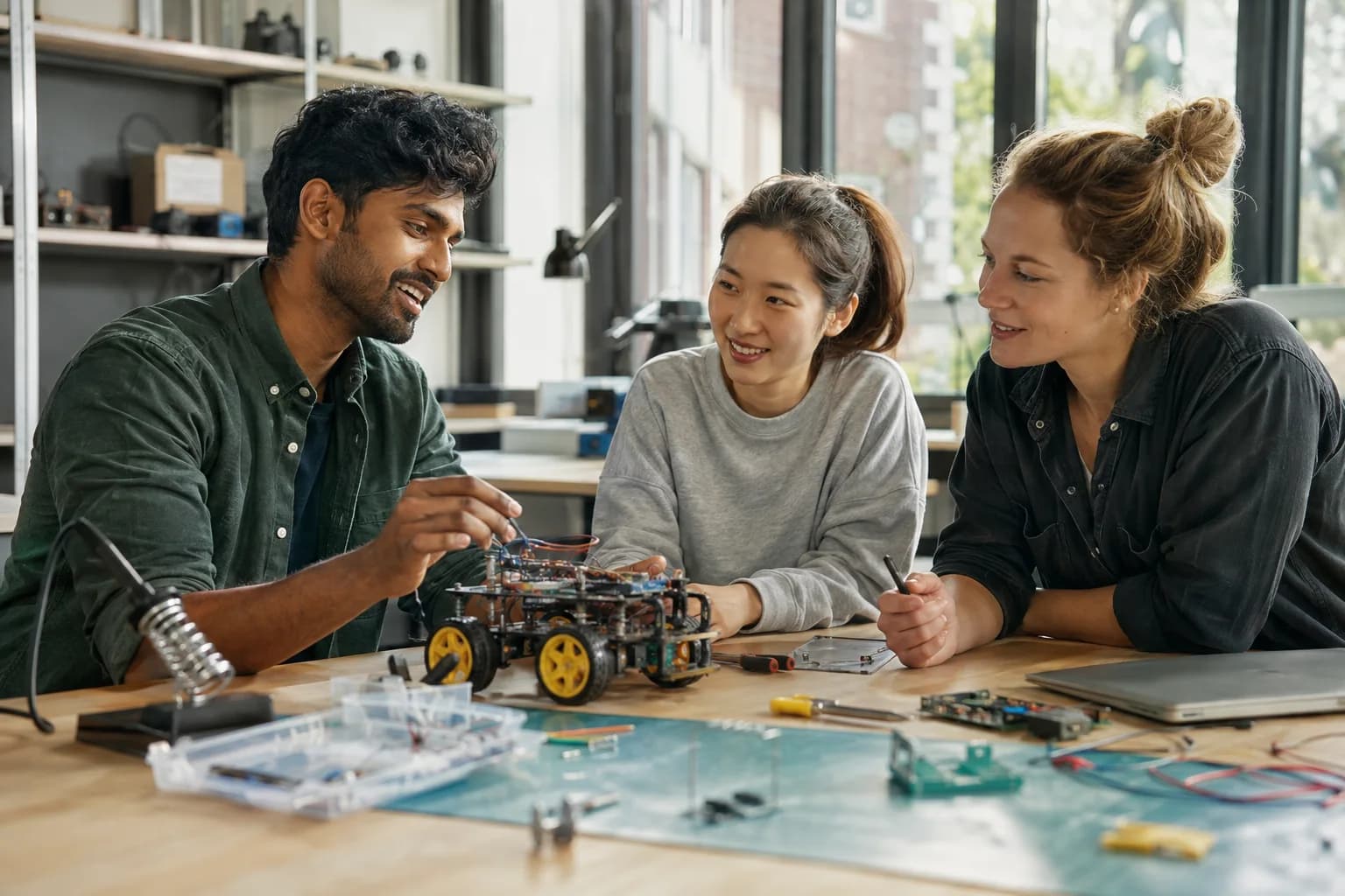 Learners collaborating on a robotics workshop