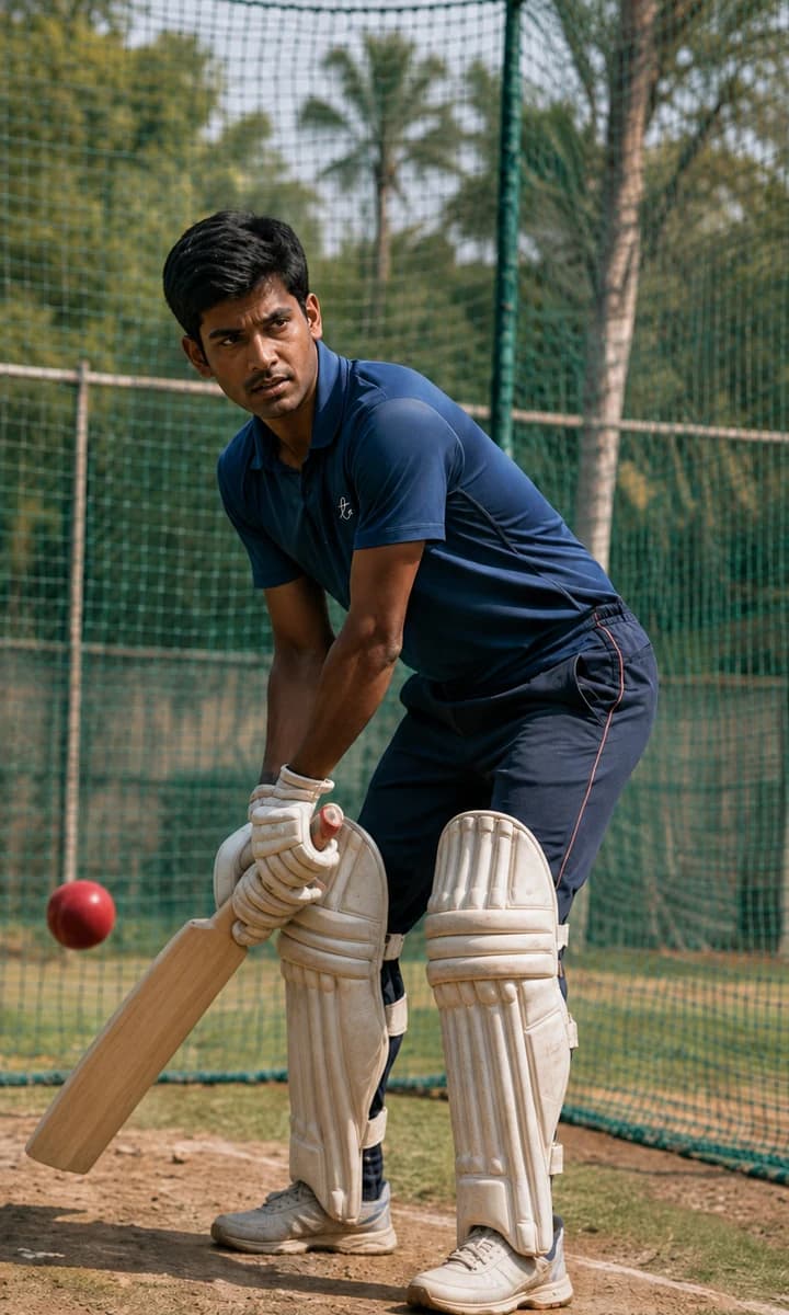 An adult cricket learner practising a shot in outdoor nets