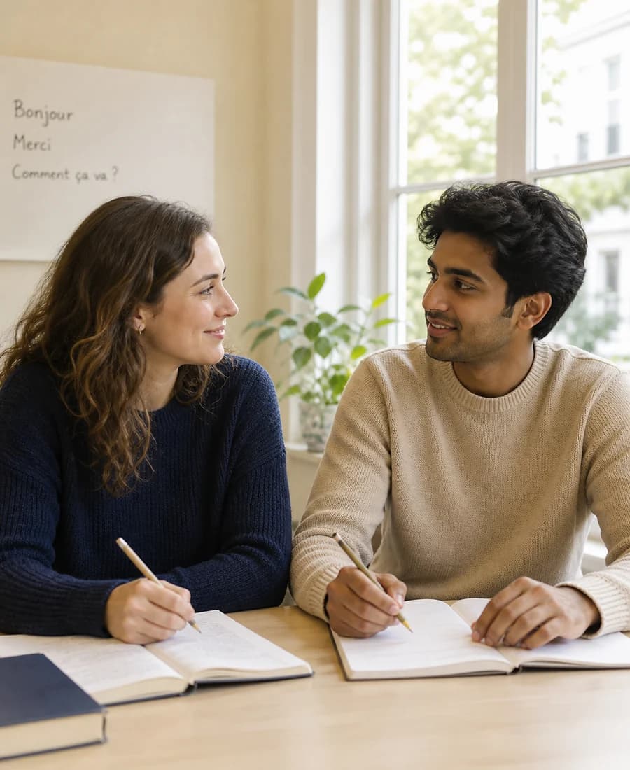Two adults sharing a French learning conversation at a sunlit table