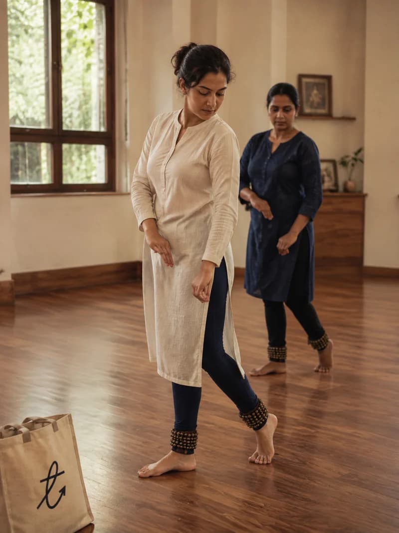An adult learning Kathak footwork with a teacher in a daylight studio