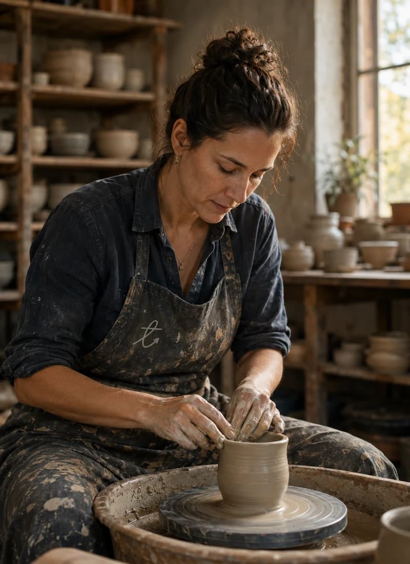 An adult shaping a clay pot on a wheel in a working studio