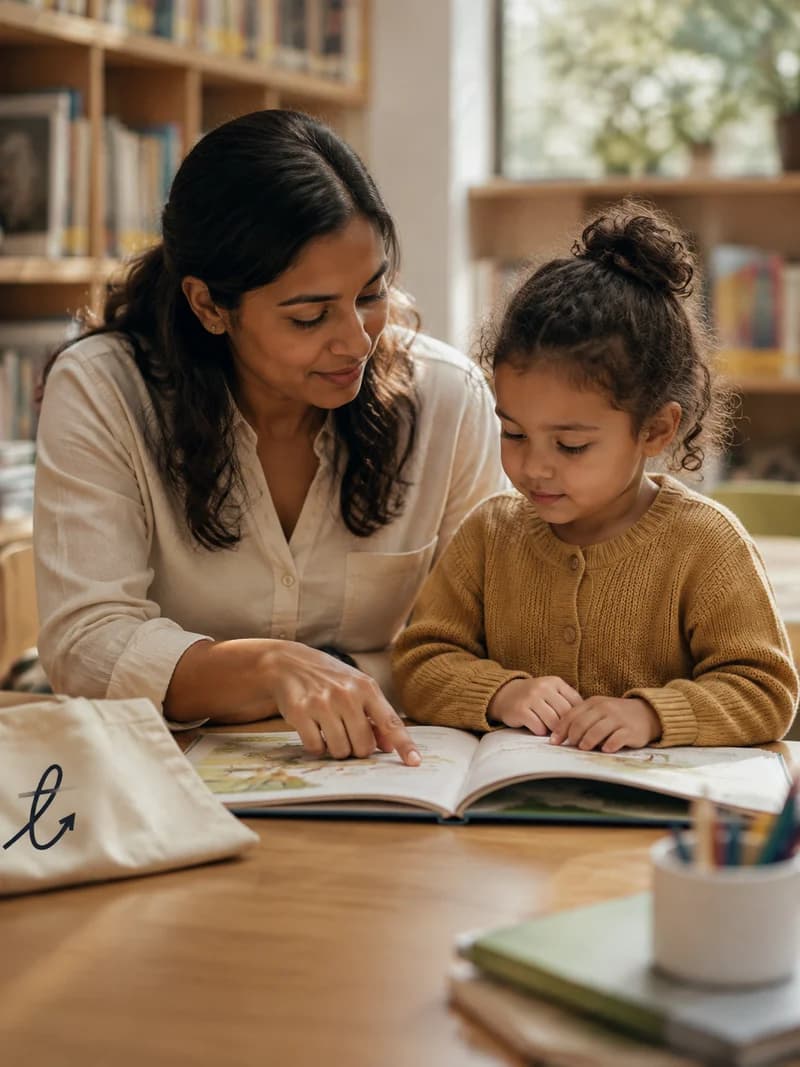 An educator and a young child reading a picture book together