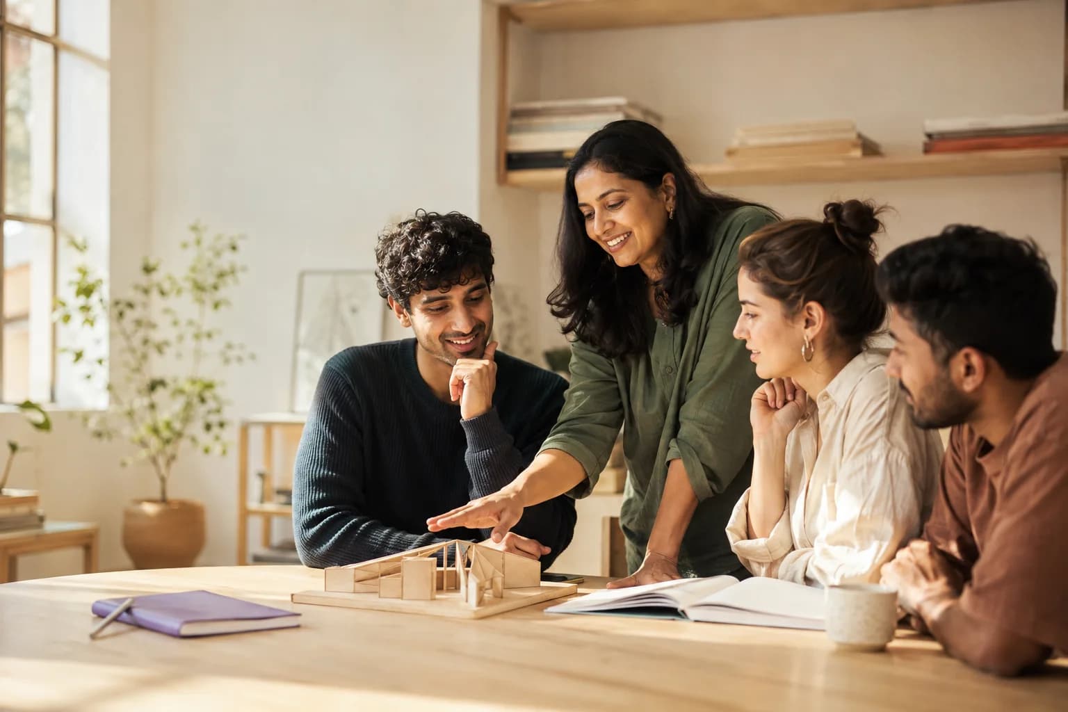 An Indian educator and adult learners sharing a discovery in a sunlit studio